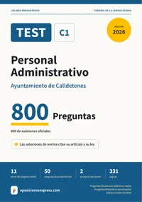 Portada del libro: 800 preguntas reales para el programa oficial de Personal Administrativo · Ayuntamiento de Calldetenes