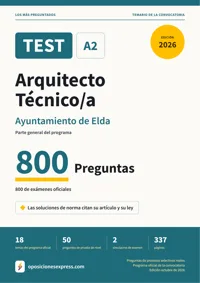 Portada del libro: 800 preguntas reales para el programa oficial de Arquitecto Técnico/a · Ayuntamiento de Elda