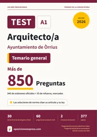 Portada del libro: 845 preguntas reales para el programa oficial de Arquitecto/a · Ayuntamiento de Òrrius — Temario general