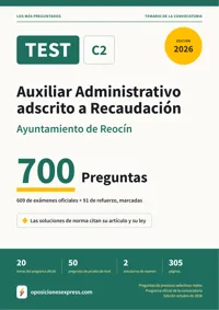 Portada del libro: 609 preguntas reales para el programa oficial de Auxiliar Administrativo adscrito a Recaudación · Ayuntamiento de Reocín