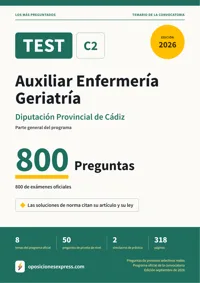 Portada del libro: 800 preguntas reales para el programa oficial de Auxiliar Enfermería Geriatría · Diputación Provincial de Cádiz