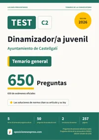 Portada del libro: 650 preguntas reales para el programa oficial de Dinamizador/a juvenil · Ayuntamiento de Castellgalí — Temario general