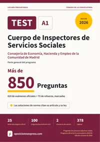 Portada del libro: 820 preguntas reales para el programa oficial del Cuerpo de Inspectores de Servicios Sociales · Consejería de Economía, Hacienda y Empleo de la Comunidad de Madrid — Parte general