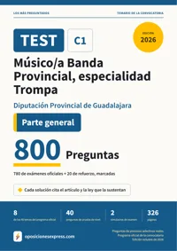 Portada del libro: 780 preguntas reales para el programa oficial de Músico/a Banda Provincial, especialidad Trompa · Diputación Provincial de Guadalajara — Parte general