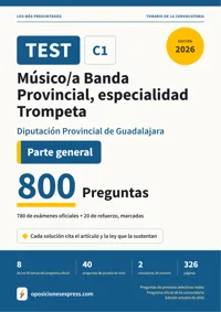 Portada del libro: 780 preguntas reales para el programa oficial de Músico/a Banda Provincial, especialidad Trompeta · Diputación Provincial de Guadalajara — Parte general