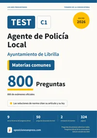 Portada del libro: 800 preguntas reales para el programa oficial de Agente de Policía Local · Ayuntamiento de Librilla — Materias comunes
