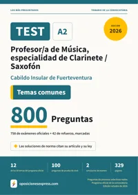 Portada del libro: 758 preguntas reales para el programa oficial de Profesor/a de Música, especialidad de Clarinete / Saxofón · Cabildo Insular de Fuerteventura — Temas comunes