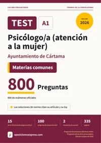 Portada del libro: 800 preguntas reales para el programa oficial de Psicólogo/a (atención a la mujer) · Ayuntamiento de Cártama — Materias comunes