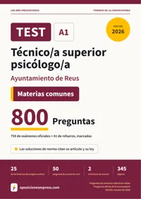 Portada del libro: 759 preguntas reales para el programa oficial de Técnico/a superior psicólogo/a · Ayuntamiento de Reus — Materias comunes