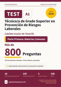 Portada del libro: 762 preguntas reales para el programa oficial de Técnico/a de Grado Superior en Prevención de Riesgos Laborales · Cabildo Insular de Tenerife — Parte Primera: Materias Comunes