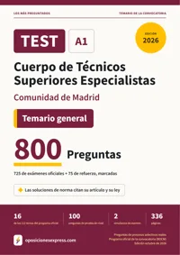Portada del libro: 725 preguntas reales para el programa oficial del Cuerpo de Técnicos Superiores Especialistas · Comunidad de Madrid — Temario general