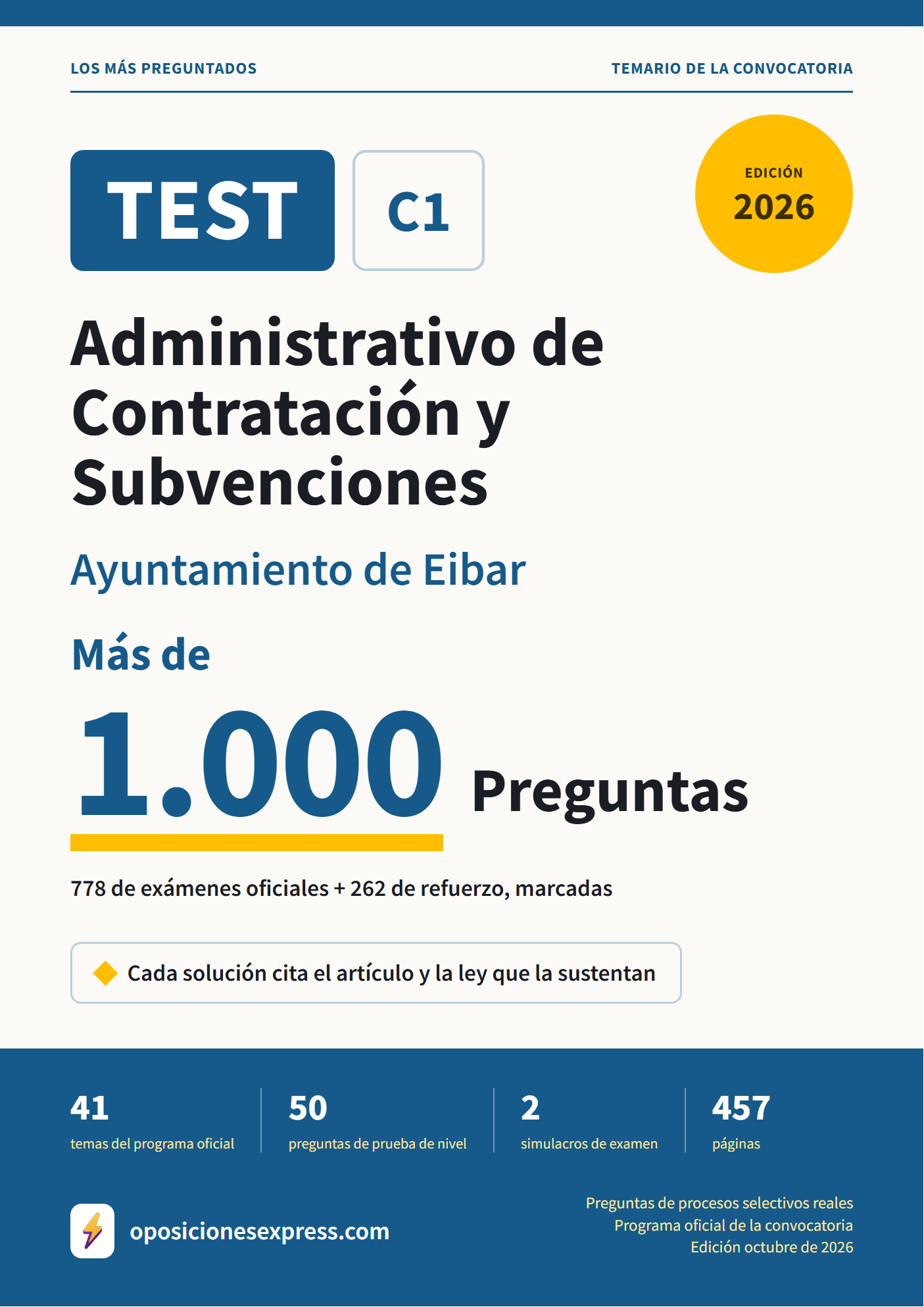 Portada del PDF «TEST Administrativo de Contratación y Subvenciones · Ayuntamiento de Eibar», 778 preguntas reales de examen, edición octubre de 2026