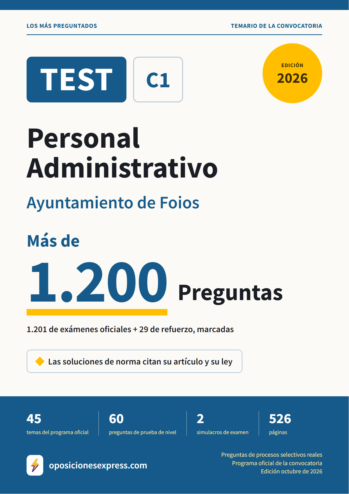 Portada del PDF «TEST Personal Administrativo · Ayuntamiento de Foios», 1.201 preguntas reales de examen, edición octubre de 2026
