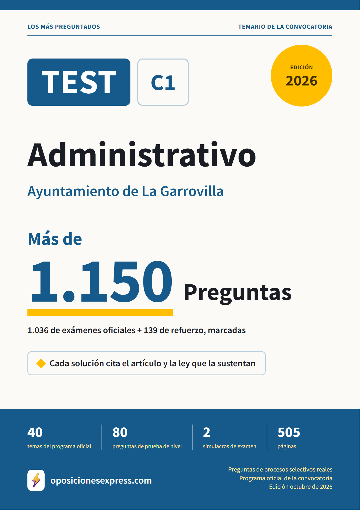 Portada del PDF «TEST Administrativo · Ayuntamiento de La Garrovilla», 1.036 preguntas reales de examen, edición octubre de 2026