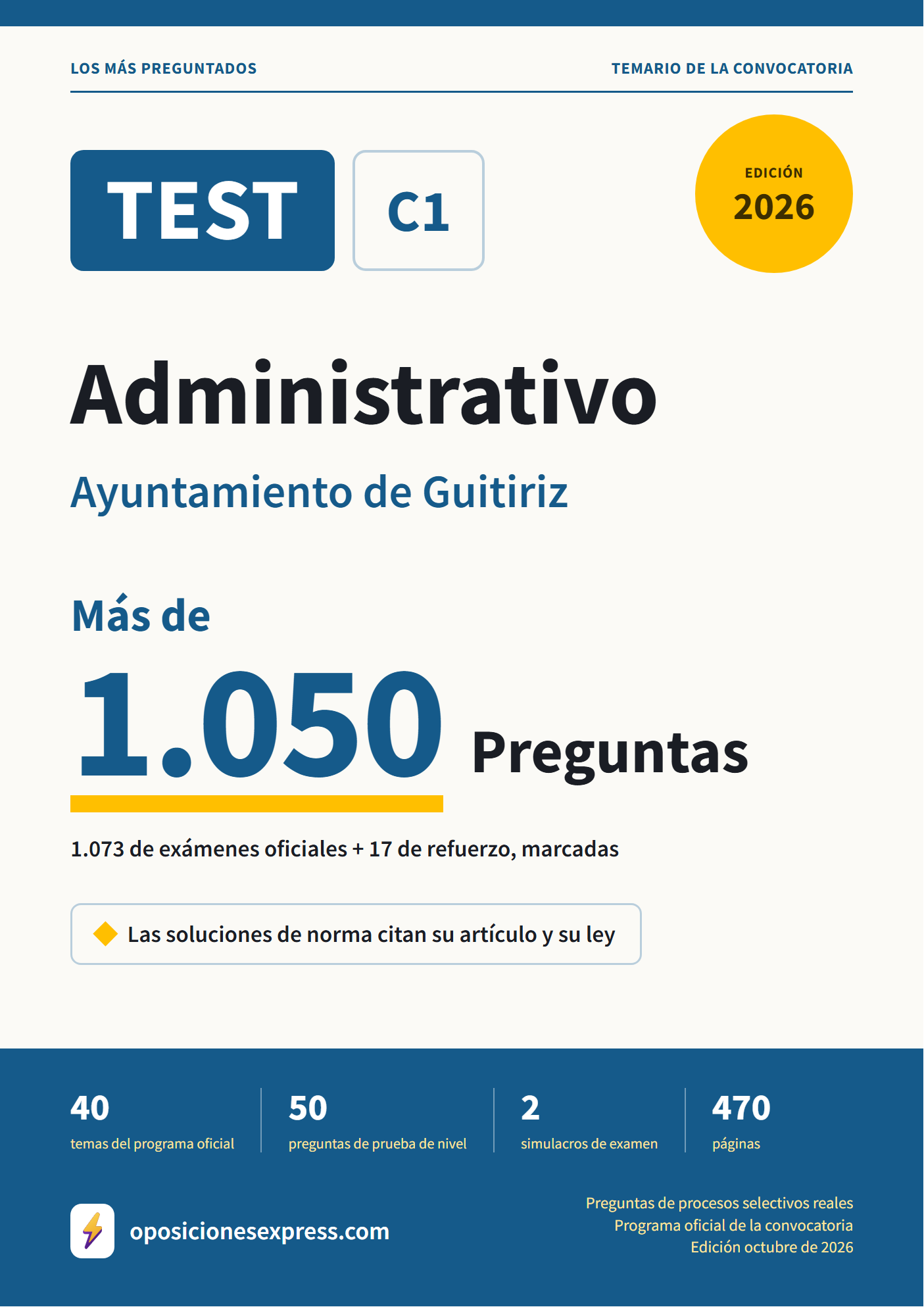 Portada del PDF «TEST Administrativo · Ayuntamiento de Guitiriz», 1.073 preguntas reales de examen, edición octubre de 2026