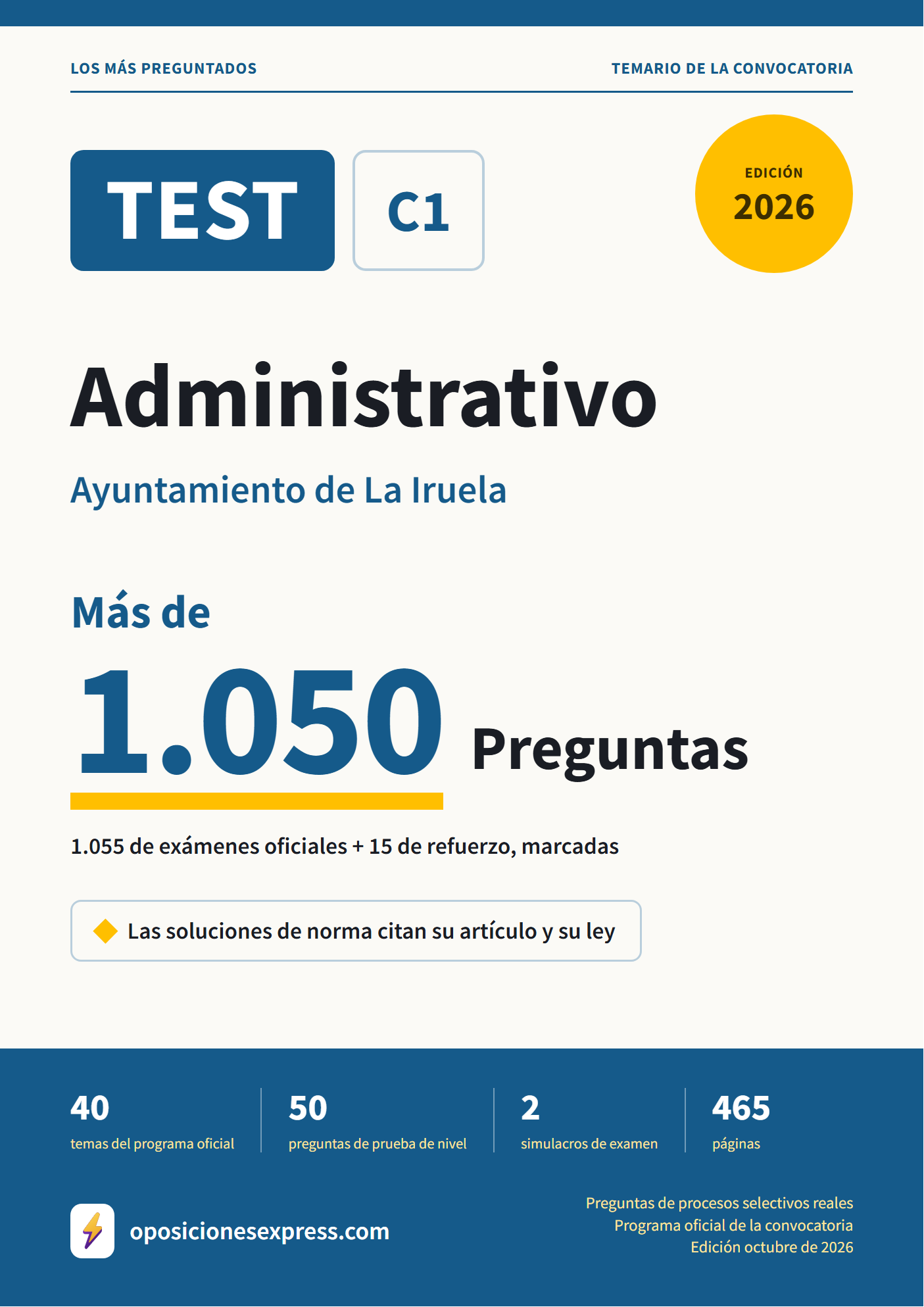 Portada del PDF «TEST Administrativo · Ayuntamiento de La Iruela», 1.055 preguntas reales de examen, edición octubre de 2026
