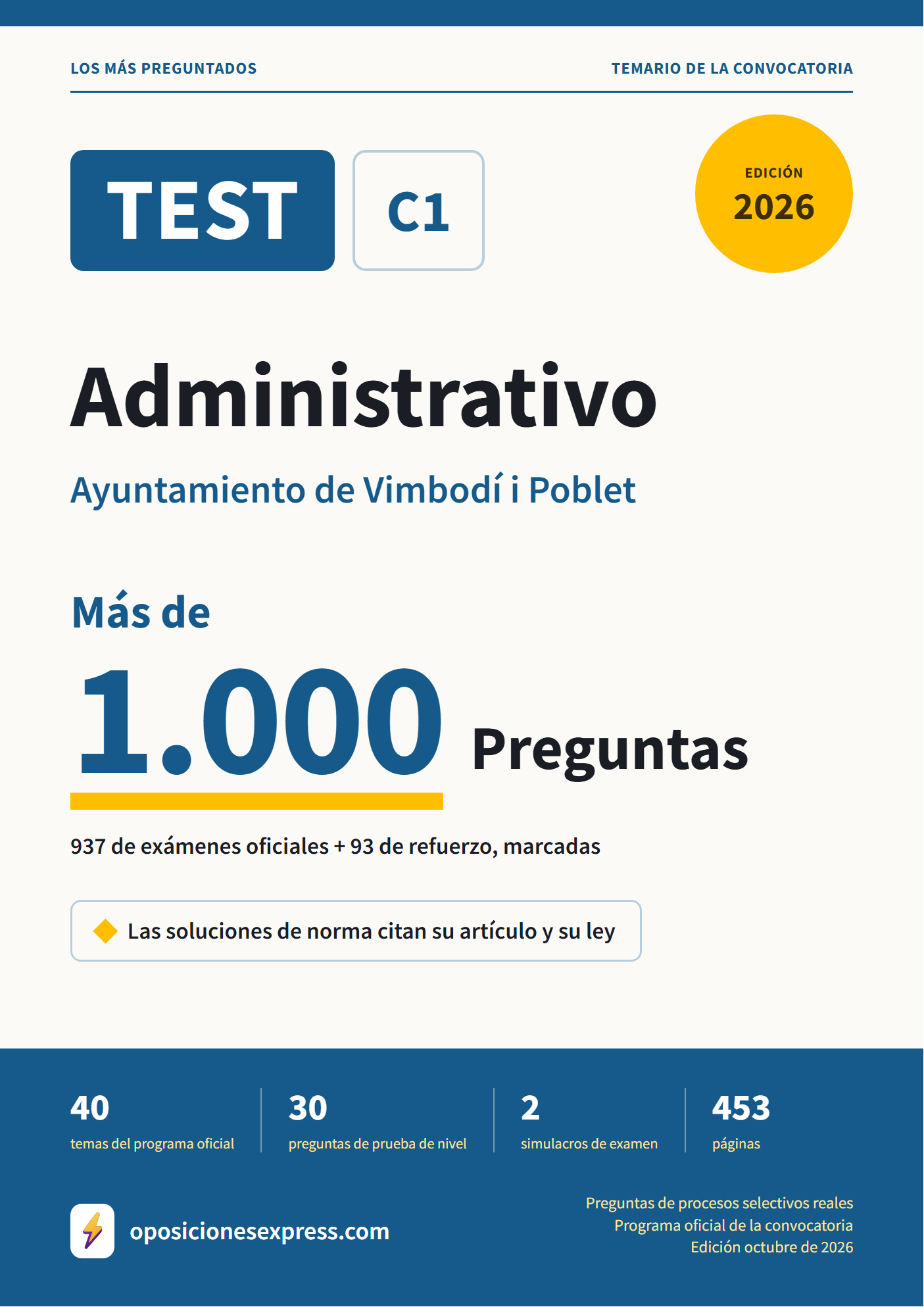 Portada del PDF «TEST Administrativo · Ayuntamiento de Vimbodí i Poblet», 937 preguntas reales de examen, edición octubre de 2026