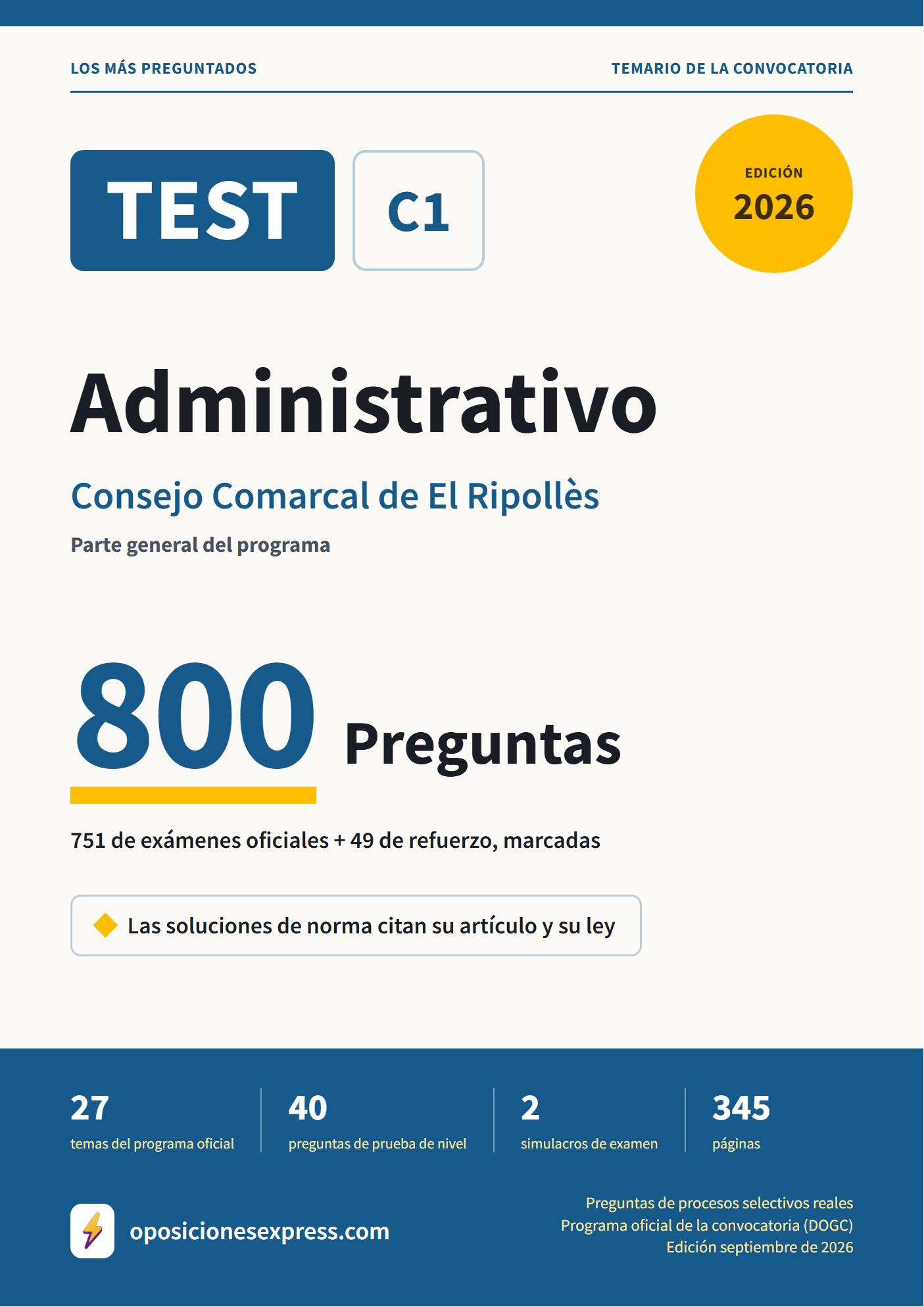 Portada del PDF «TEST Administrativo · Consejo Comarcal de El Ripollès · Parte general», 751 preguntas reales de examen, edición septiembre de 2026