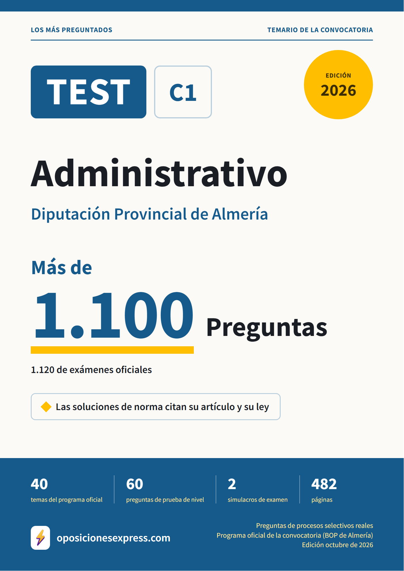 Portada del PDF «TEST Administrativo · Diputación Provincial de Almería», 1.120 preguntas reales de examen, edición octubre de 2026