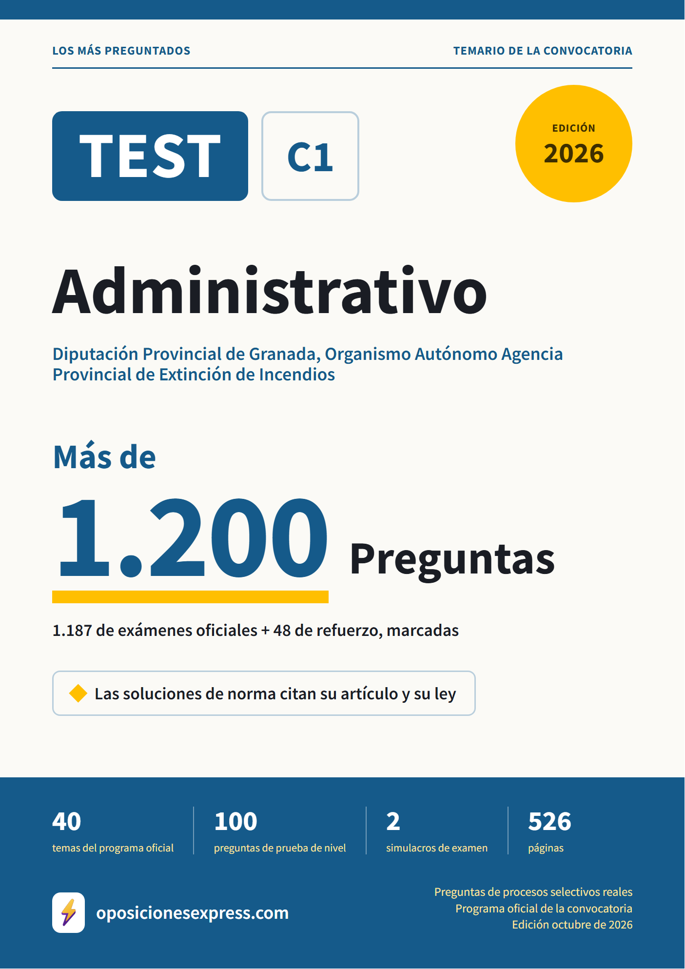 Portada del PDF «TEST Administrativo · Diputación Provincial de Granada, Organismo Autónomo Agencia Provincial de Extinción de Incendios», 1.187 preguntas reales de examen, edición octubre de 2026