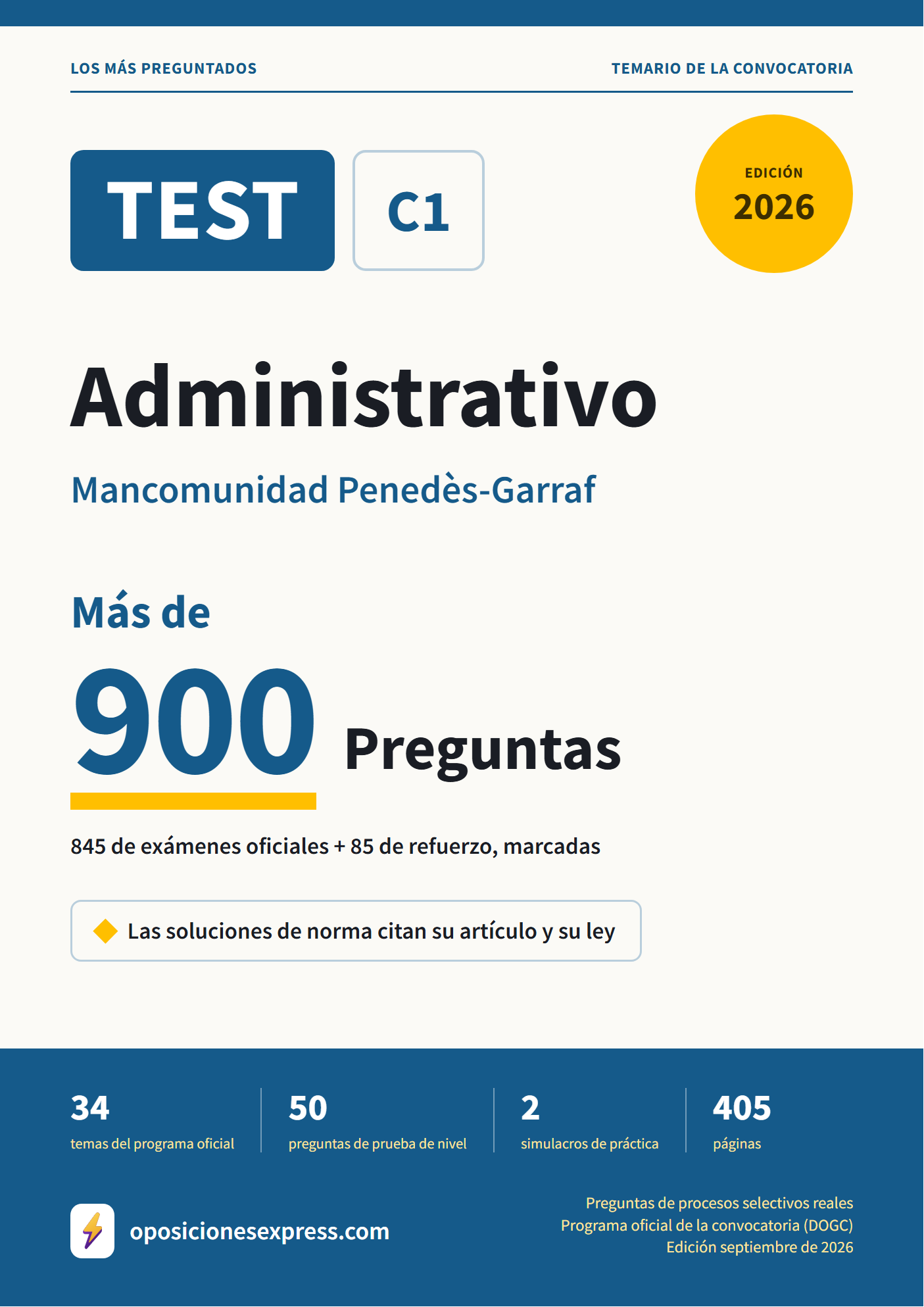 Portada del PDF «TEST Administrativo · Mancomunidad Penedès-Garraf», 845 preguntas reales de examen, edición septiembre de 2026