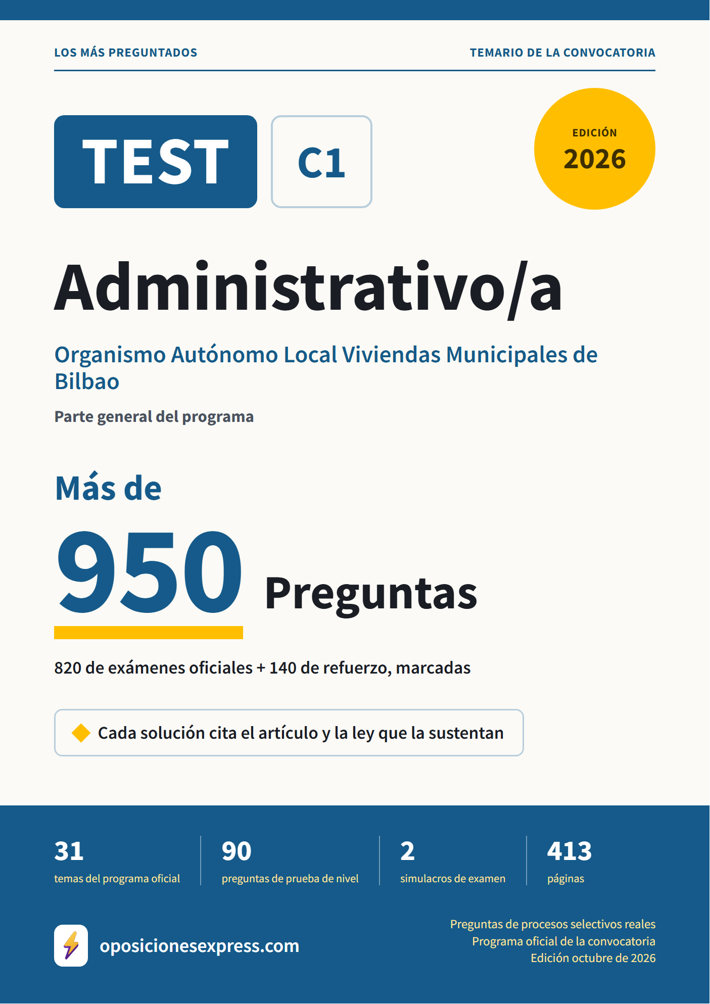Portada del PDF «TEST Administrativo/a · Organismo Autónomo Local Viviendas Municipales de Bilbao · Parte general», 820 preguntas reales de examen, edición octubre de 2026
