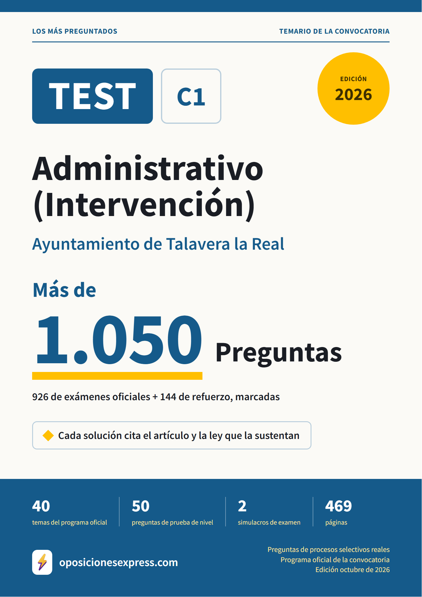 Portada del PDF «TEST Administrativo (Intervención) · Ayuntamiento de Talavera la Real», 926 preguntas reales de examen, edición octubre de 2026