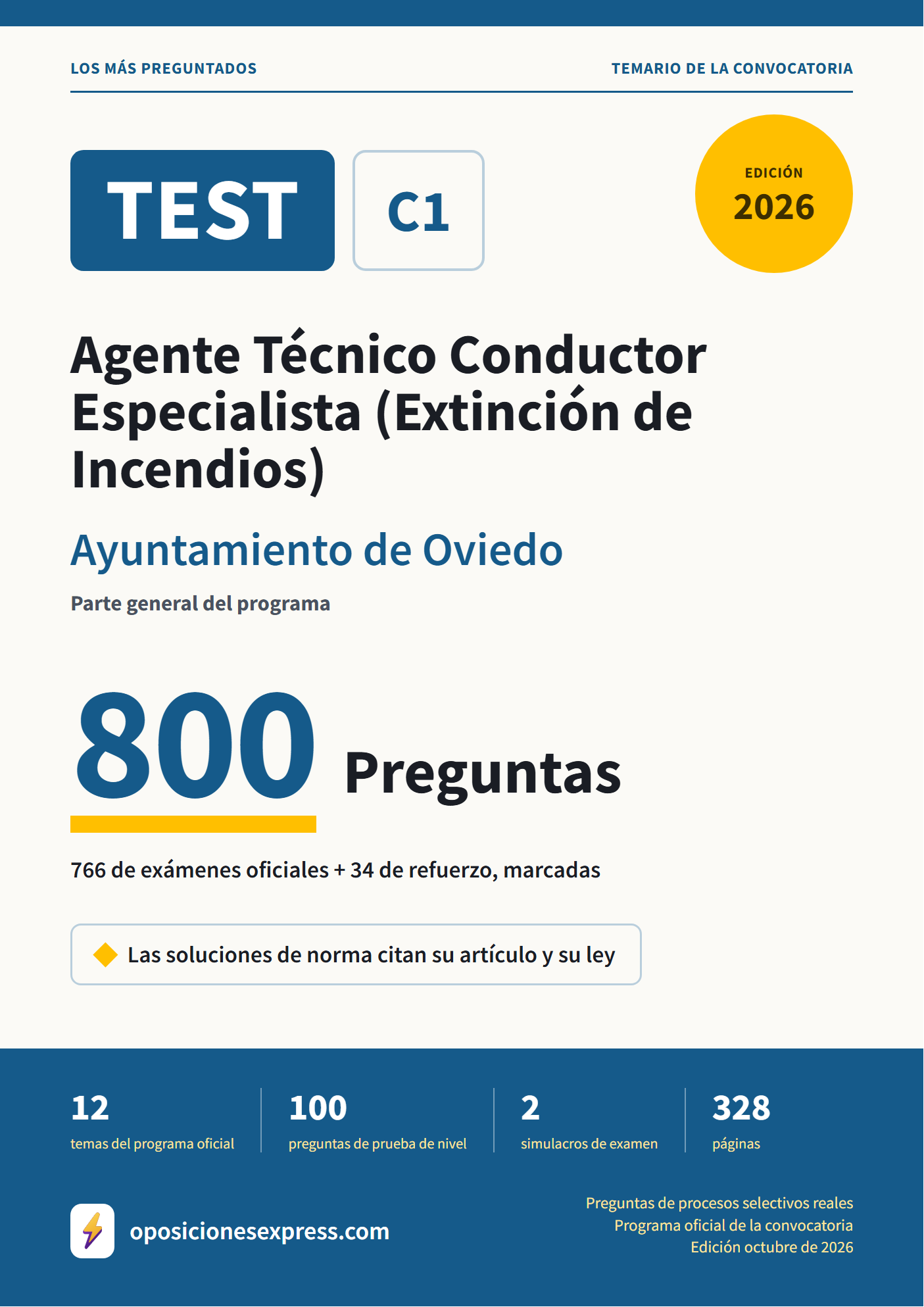 Portada del PDF «TEST Agente Técnico Conductor Especialista (Extinción de Incendios) · Ayuntamiento de Oviedo · Parte general», 766 preguntas reales de examen, edición octubre de 2026