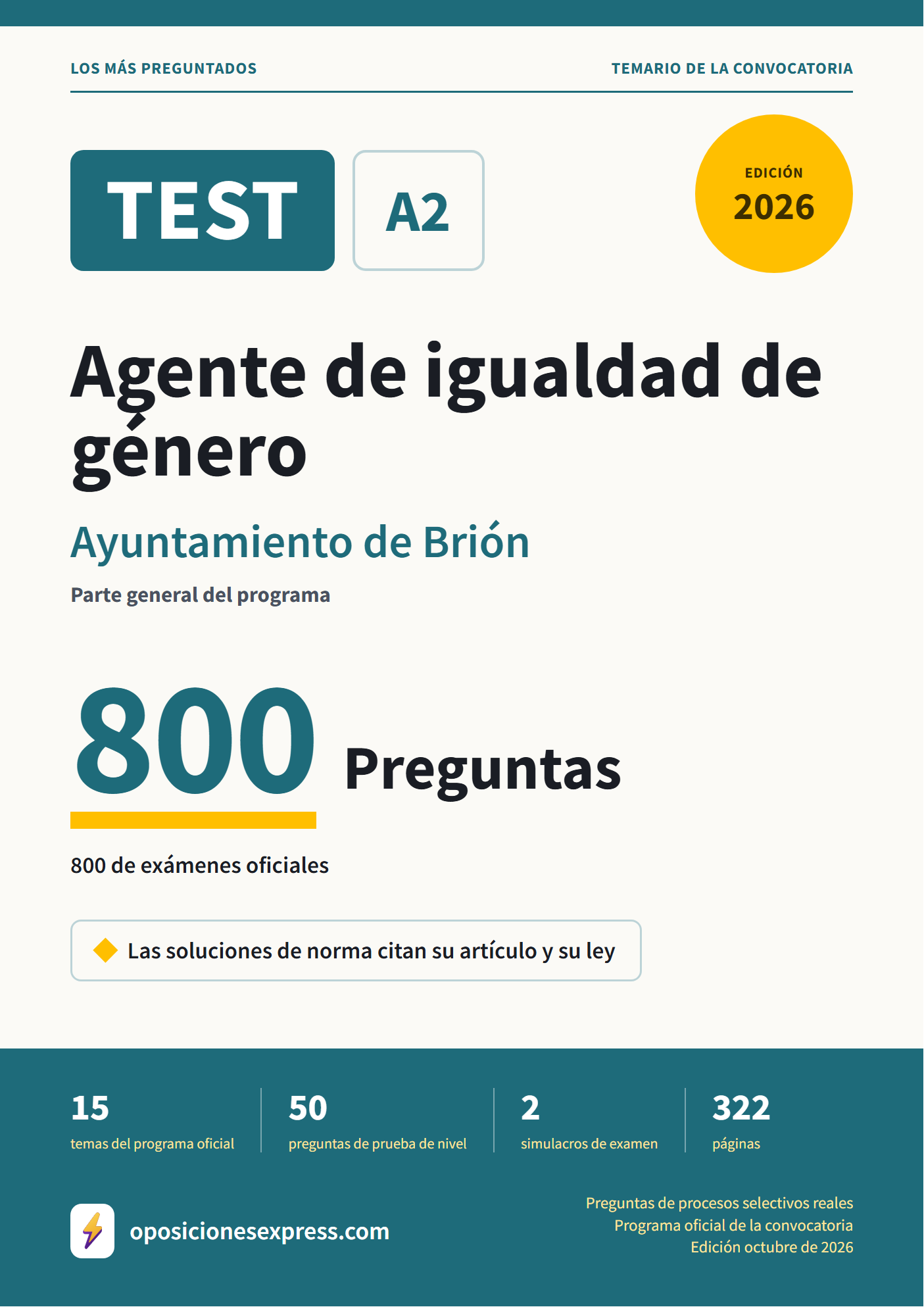 Portada del PDF «TEST Agente de igualdad de género · Ayuntamiento de Brión · Parte general», 800 preguntas reales de examen, edición octubre de 2026