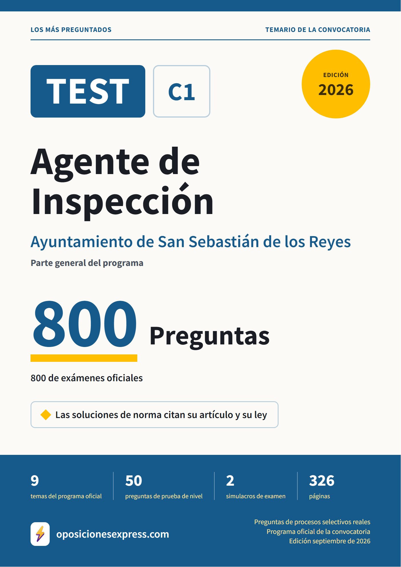 Portada del PDF «TEST Agente de Inspección · Ayuntamiento de San Sebastián de los Reyes · Parte general», 800 preguntas reales de examen, edición septiembre de 2026