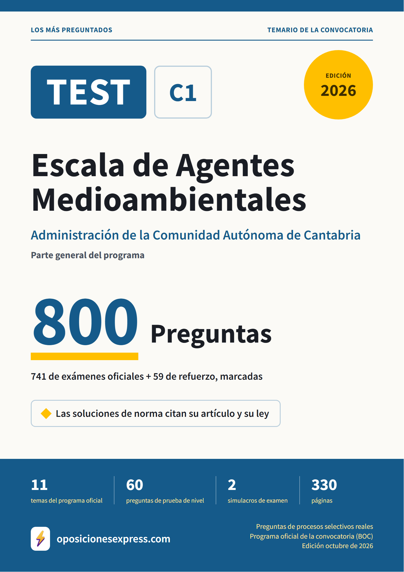 Portada del PDF «TEST Escala de Agentes Medioambientales · Administración de la Comunidad Autónoma de Cantabria · Parte general», 741 preguntas reales de examen, edición octubre de 2026