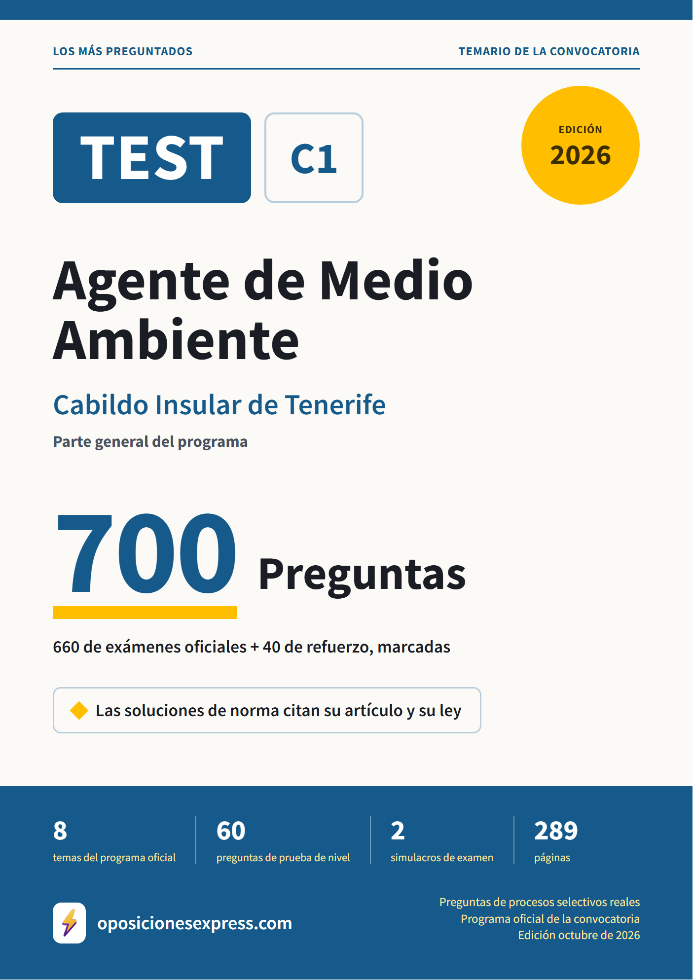 Portada del PDF «TEST Agente de Medio Ambiente · Cabildo Insular de Tenerife · Parte general», 660 preguntas reales de examen, edición octubre de 2026