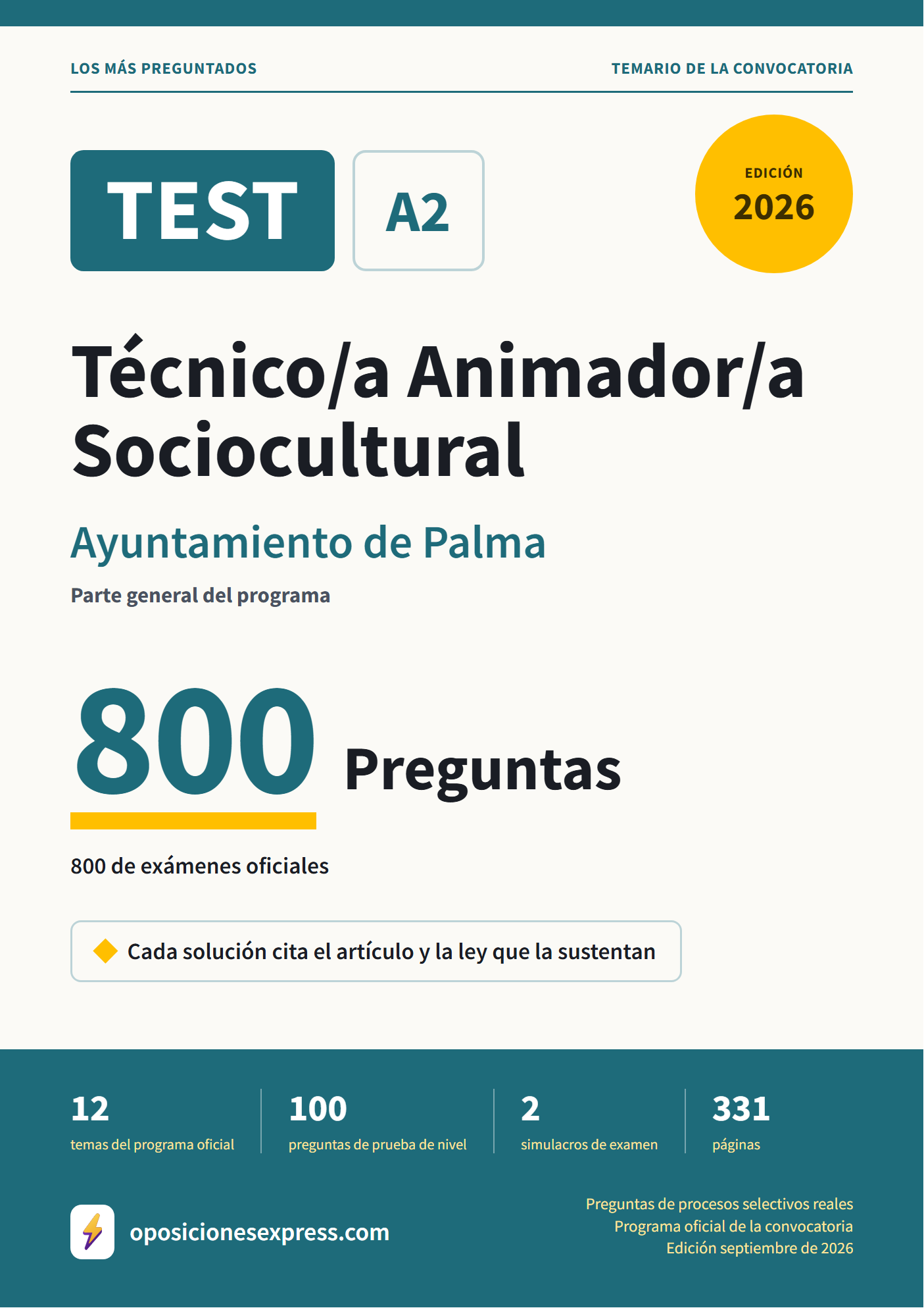 Portada del PDF «TEST Técnico/a Animador/a Sociocultural · Ayuntamiento de Palma · Parte general», 800 preguntas reales de examen, edición septiembre de 2026
