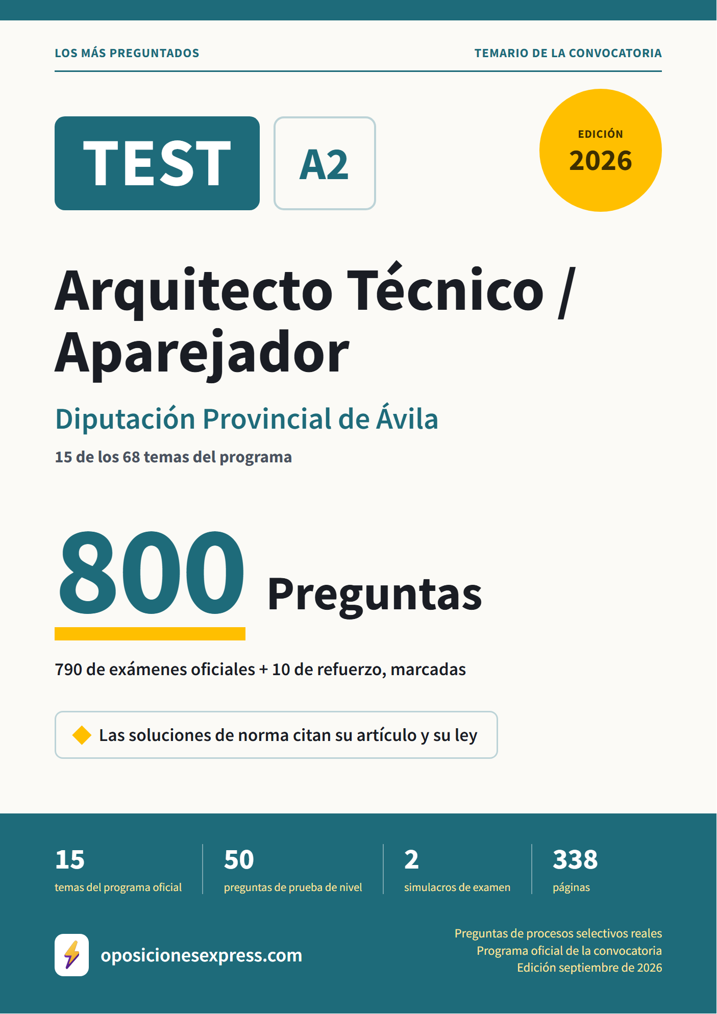 Portada del PDF «TEST Arquitecto Técnico / Aparejador · Diputación Provincial de Ávila · 15 de 68 temas», 790 preguntas reales de examen, edición septiembre de 2026