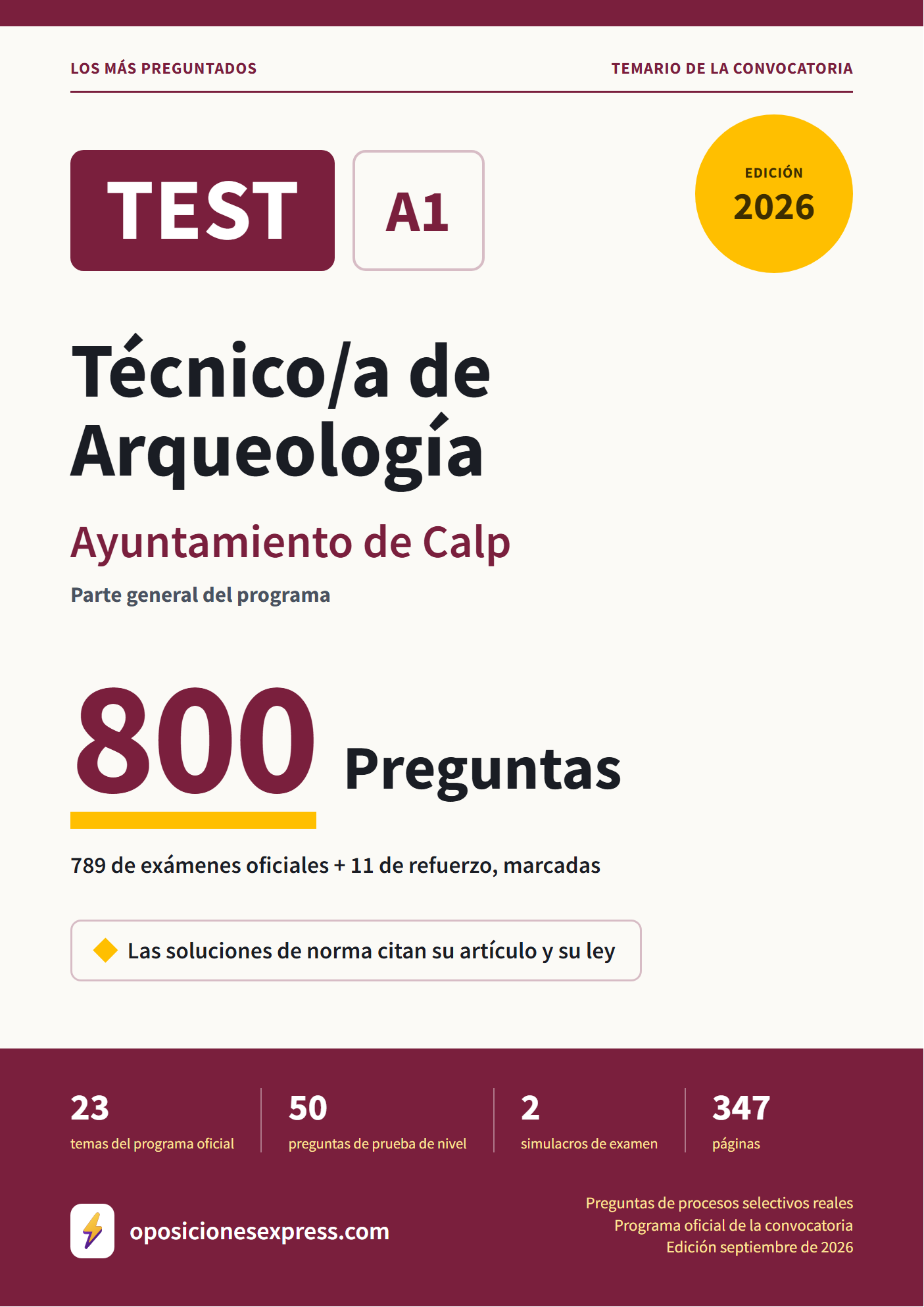 Portada del PDF «TEST Técnico/a de Arqueología · Ayuntamiento de Calp · Parte general», 789 preguntas reales de examen, edición septiembre de 2026