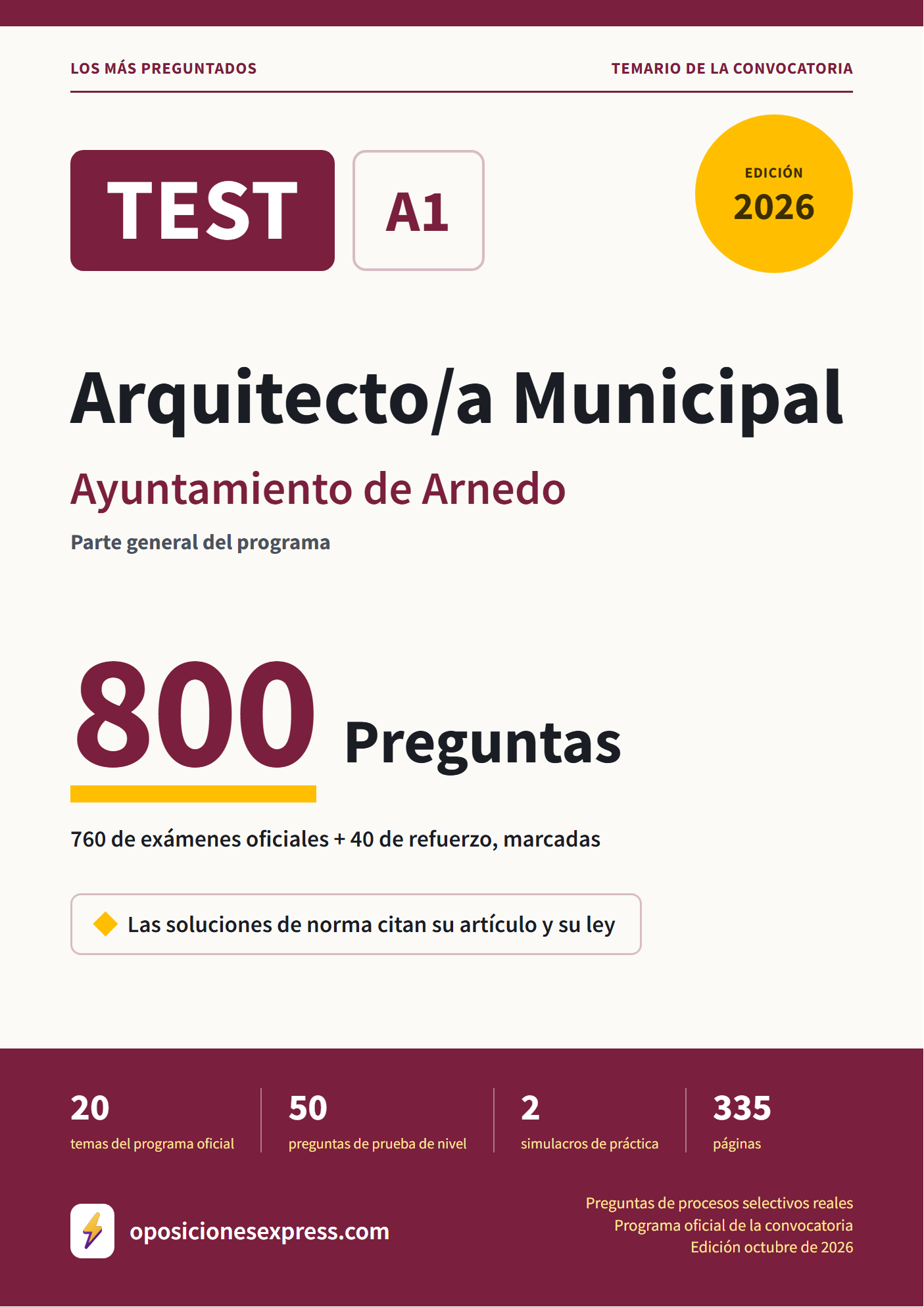 Portada del PDF «TEST Arquitecto/a Municipal · Ayuntamiento de Arnedo · Parte general», 760 preguntas reales de examen, edición octubre de 2026