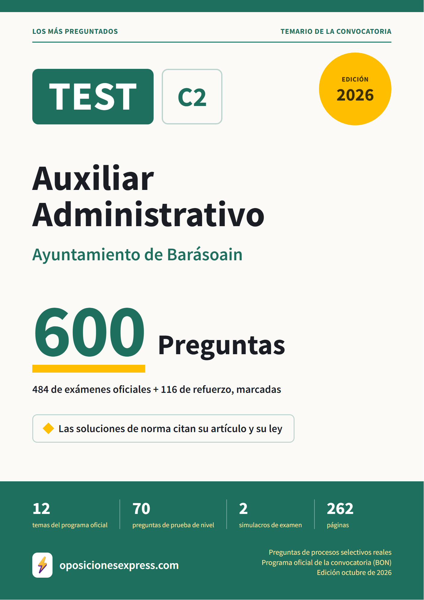 Portada del PDF «TEST Auxiliar Administrativo · Ayuntamiento de Barásoain», 484 preguntas reales de examen, edición octubre de 2026