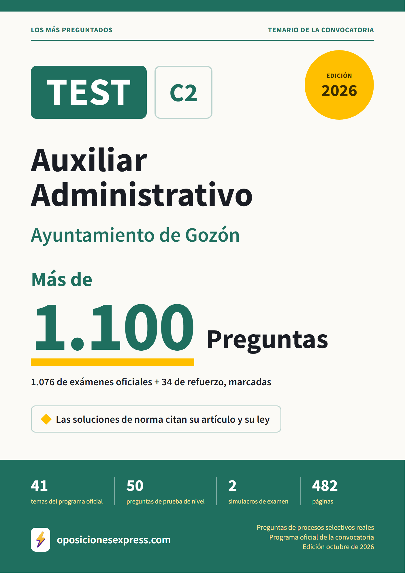 Portada del PDF «TEST Auxiliar Administrativo · Ayuntamiento de Gozón», 1.076 preguntas reales de examen, edición octubre de 2026