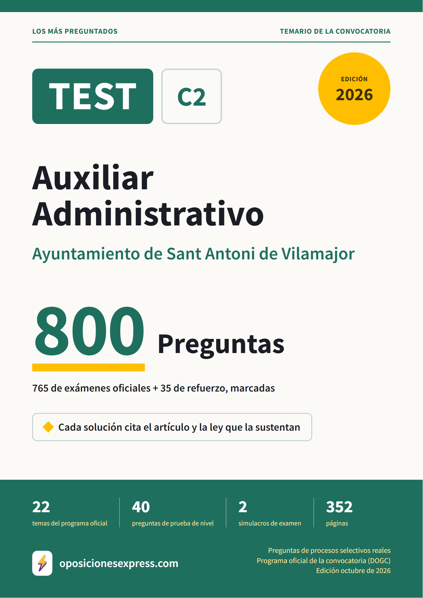 Portada del PDF «TEST Auxiliar Administrativo · Ayuntamiento de Sant Antoni de Vilamajor», 765 preguntas reales de examen, edición octubre de 2026