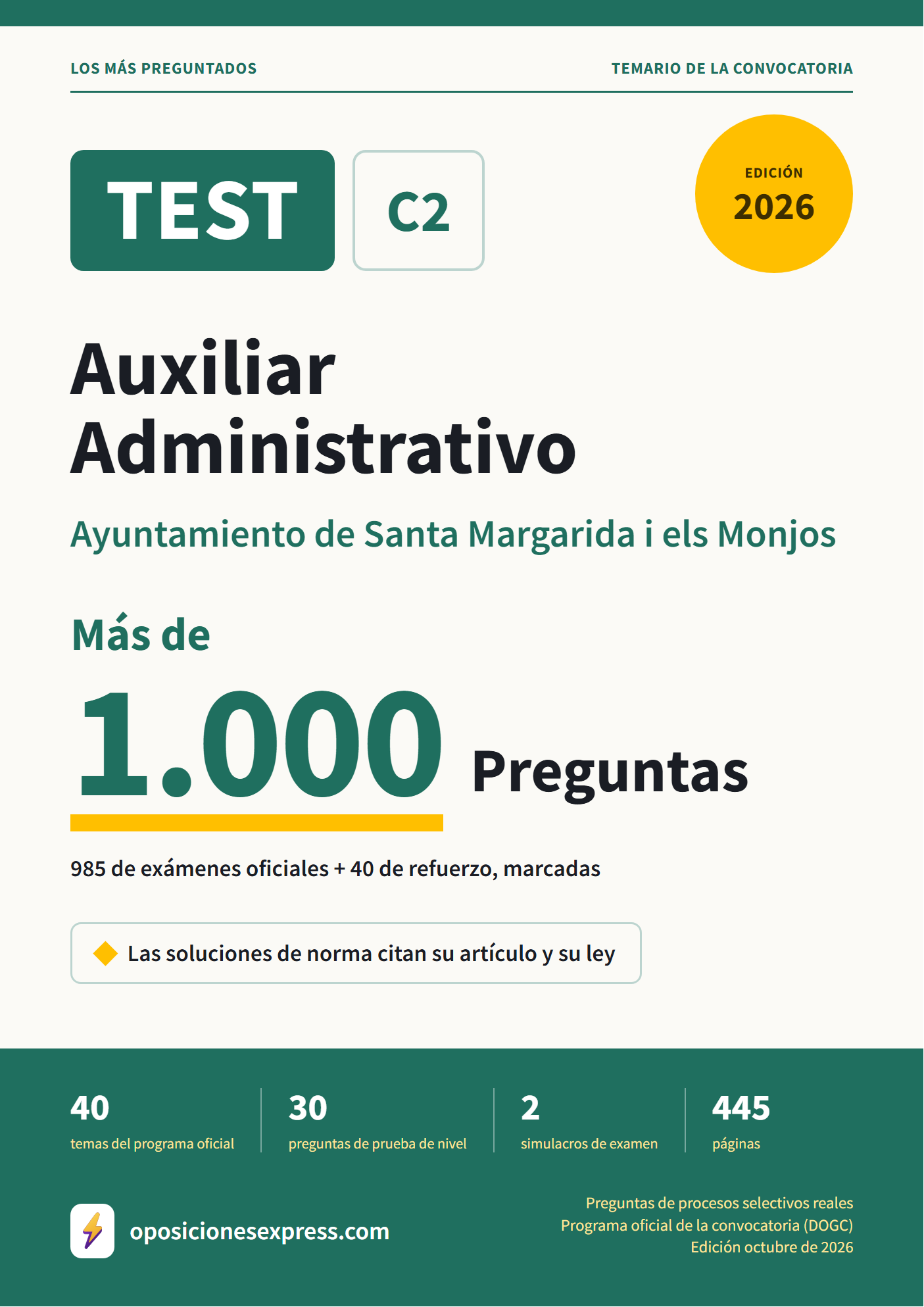 Portada del PDF «TEST Auxiliar Administrativo · Ayuntamiento de Santa Margarida i els Monjos», 985 preguntas reales de examen, edición octubre de 2026