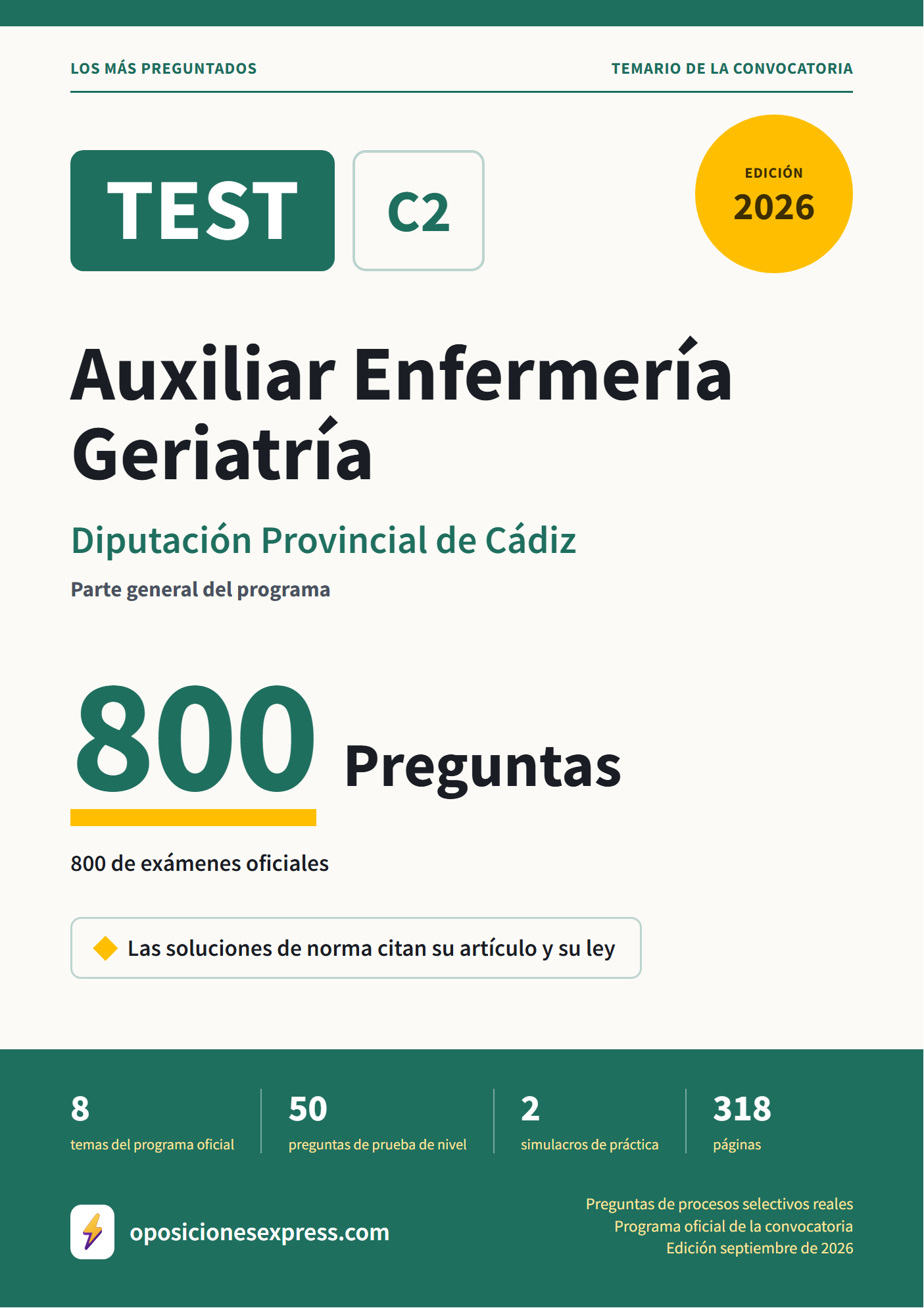 Portada del PDF «TEST Auxiliar Enfermería Geriatría · Diputación Provincial de Cádiz · Parte general», 800 preguntas reales de examen, edición septiembre de 2026