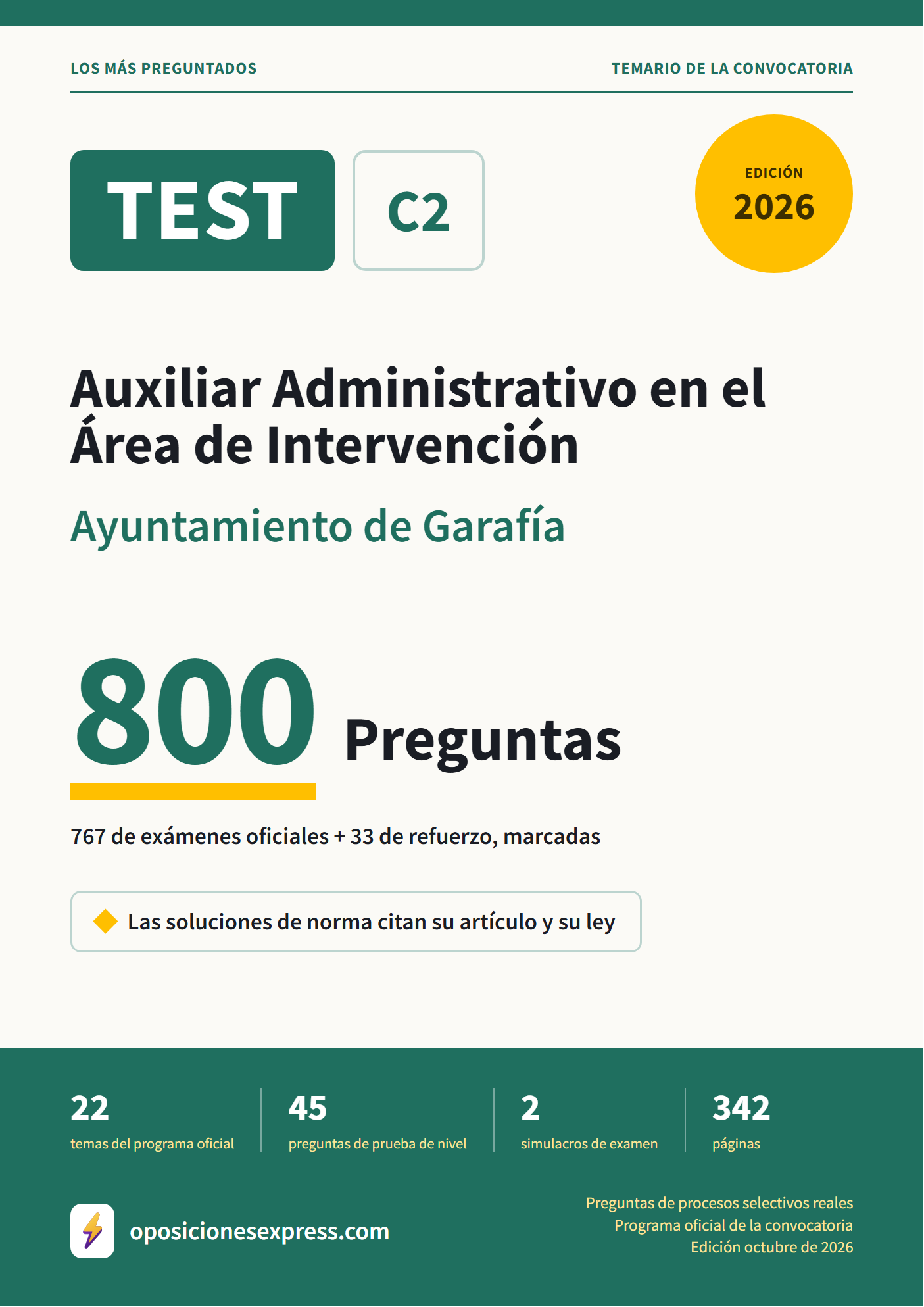 Portada del PDF «TEST Auxiliar Administrativo en el Área de Intervención · Ayuntamiento de Garafía», 767 preguntas reales de examen, edición octubre de 2026