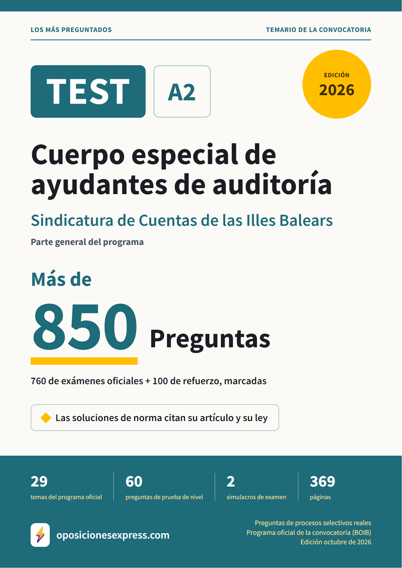 Portada del PDF «TEST Cuerpo especial de ayudantes de auditoría · Sindicatura de Cuentas de las Illes Balears · Parte general», 760 preguntas reales de examen, edición octubre de 2026