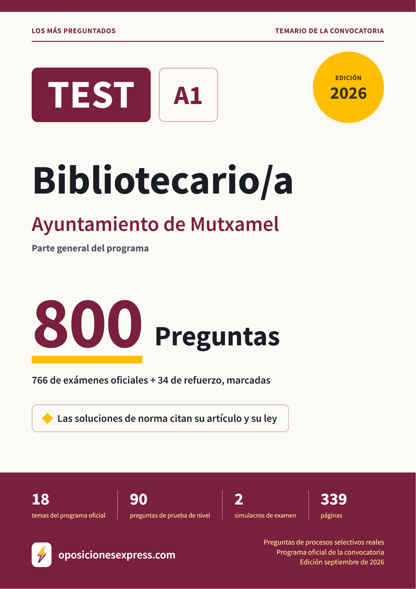 Portada del PDF «TEST Bibliotecario/a · Ayuntamiento de Mutxamel · Parte general», 766 preguntas reales de examen, edición septiembre de 2026