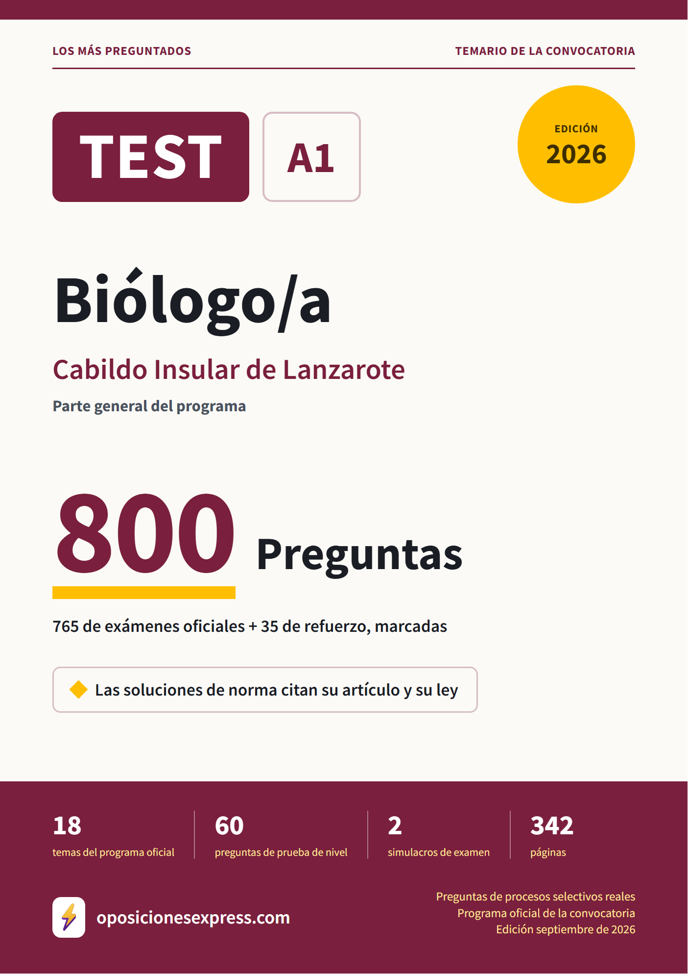 Portada del PDF «TEST Biólogo/a · Cabildo Insular de Lanzarote · Parte general», 765 preguntas reales de examen, edición septiembre de 2026