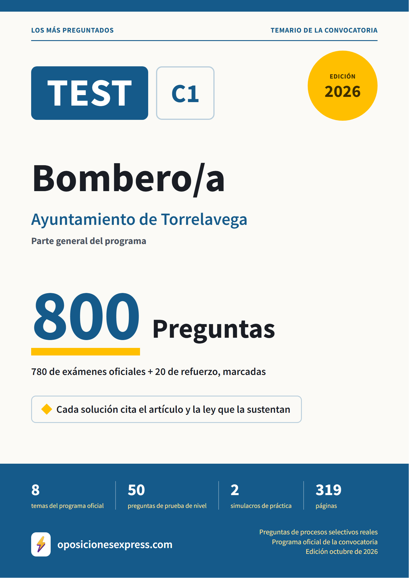 Portada del PDF «TEST Bombero/a · Ayuntamiento de Torrelavega · Parte general», 780 preguntas reales de examen, edición octubre de 2026