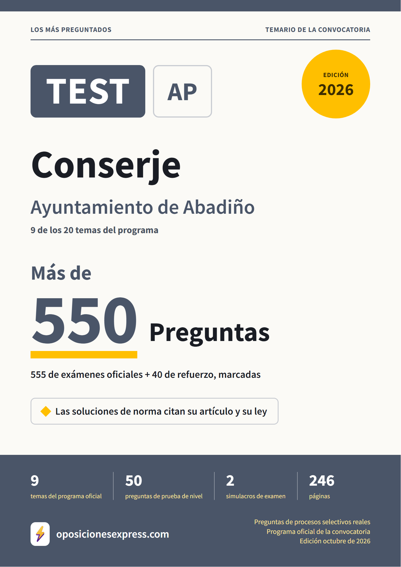 Portada del PDF «TEST Conserje · Ayuntamiento de Abadiño · 9 de 20 temas», 555 preguntas reales de examen, edición octubre de 2026