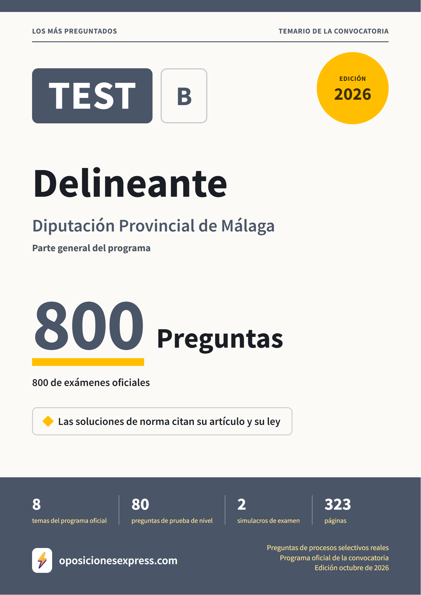 Portada del PDF «TEST Delineante · Diputación Provincial de Málaga · Parte general», 800 preguntas reales de examen, edición octubre de 2026
