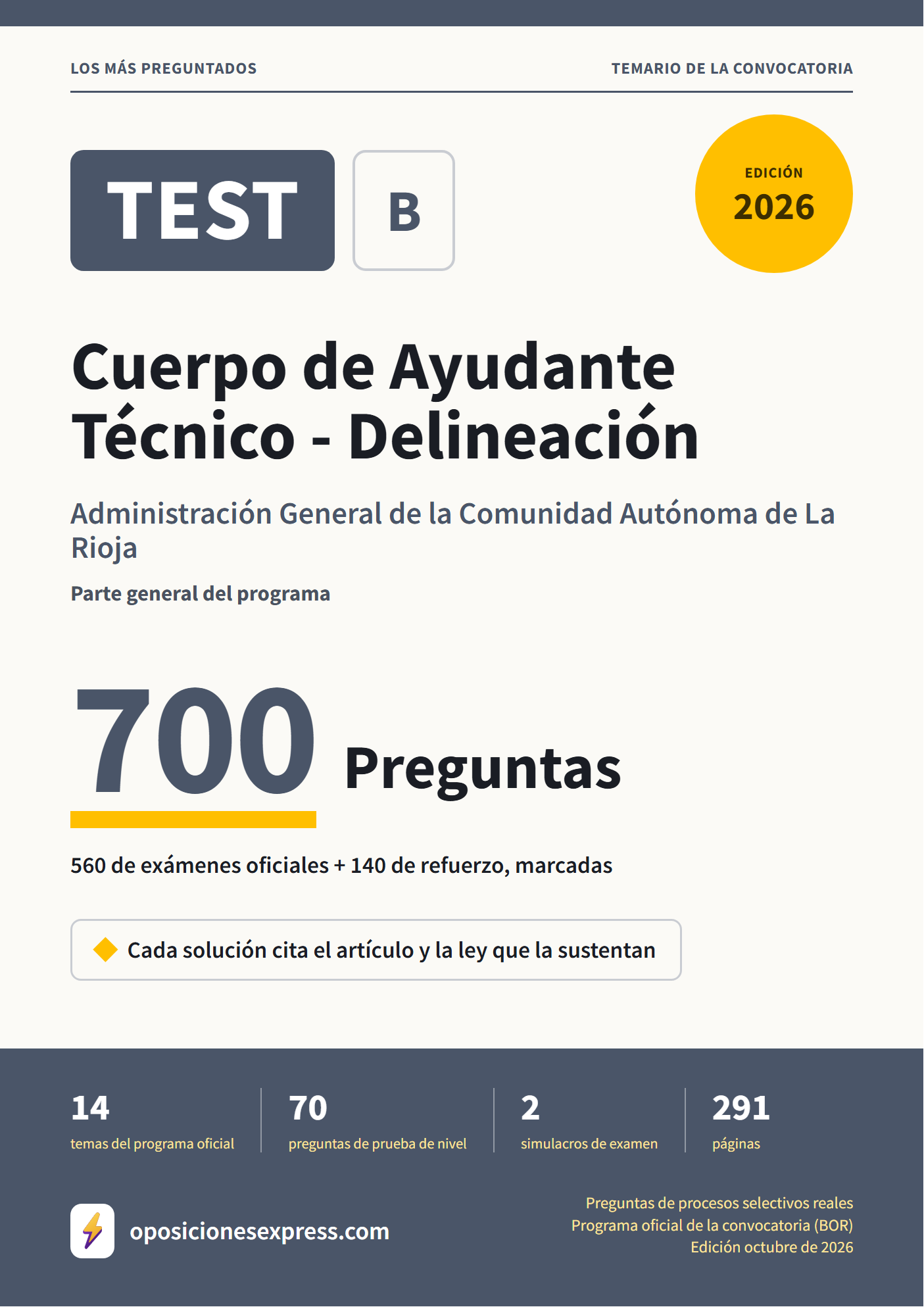 Portada del PDF «TEST Cuerpo de Ayudante Técnico - Delineación · Administración General de la Comunidad Autónoma de La Rioja · Parte general», 560 preguntas reales de examen, edición octubre de 2026