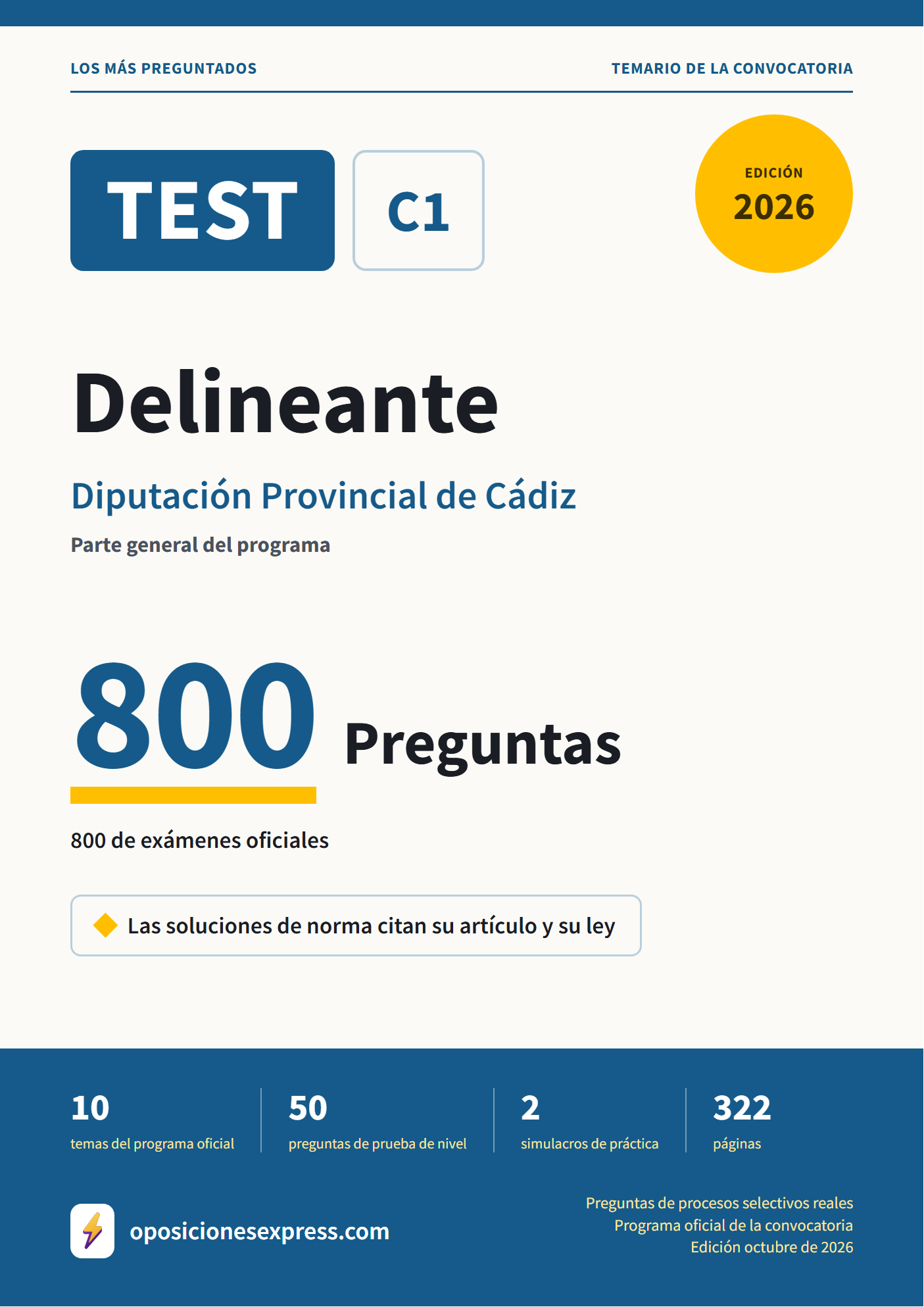 Portada del PDF «TEST Delineante · Diputación Provincial de Cádiz · Parte general», 800 preguntas reales de examen, edición octubre de 2026